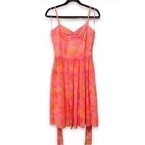 Trina Turk Silk Peacock Patterned Belted Orange Pink Mini Dress​
